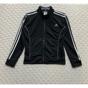 Adidas‎ Track Jacket Girl Size L (14) Full Zip Black with Silver Stripes Pockets